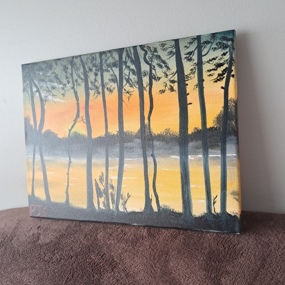 Hand Painted Canvas Oil Paint Landscape Trees Water Seen Silhouette - Picture 3 of 5